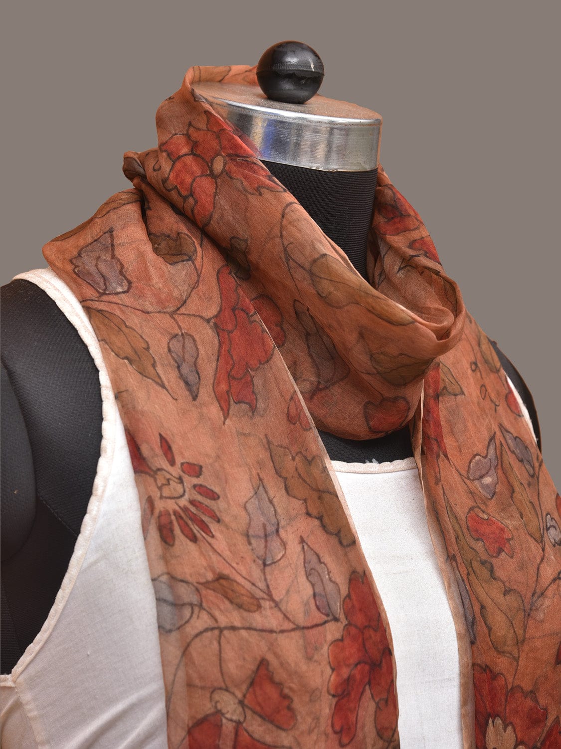 Orange Kalamkari Hand Painted Organza Stole with Floral Design - Global Threads | Grocsy