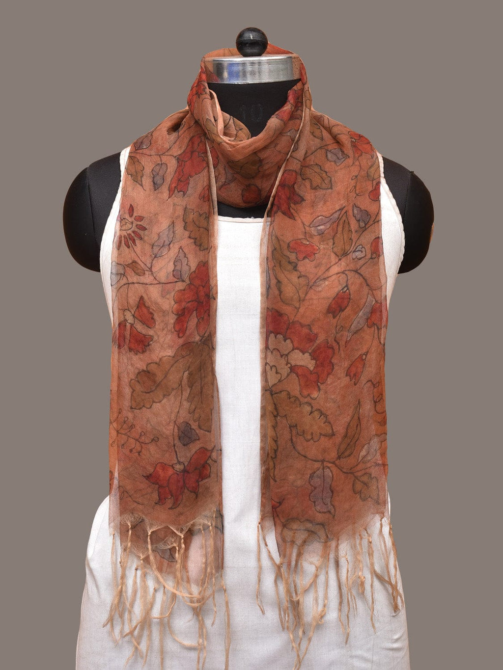 Orange Kalamkari Hand Painted Organza Stole with Floral Design - Global Threads | Grocsy