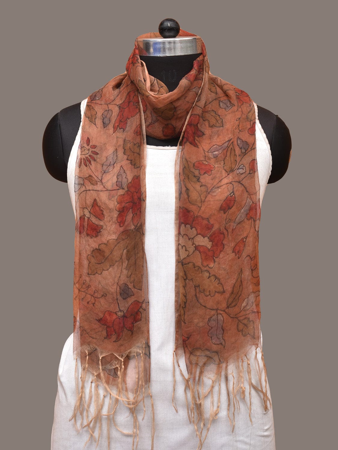 Orange Kalamkari Hand Painted Organza Stole with Floral Design - Global Threads | Grocsy