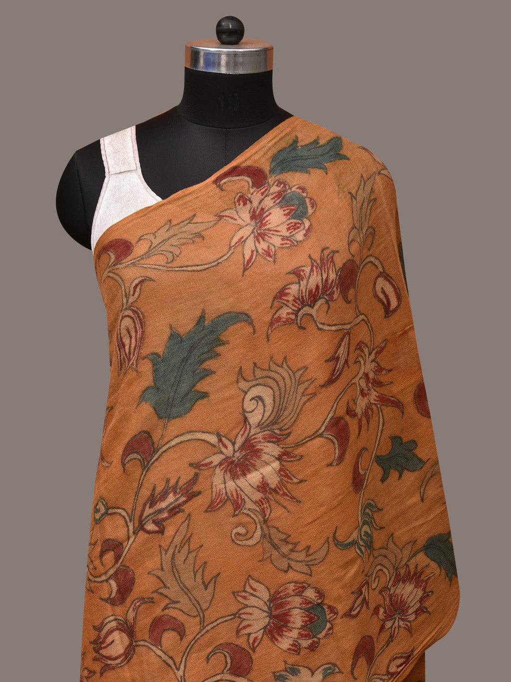 Orange Kalamkari Hand Painted Woolen Handloom Stole with Floral Design - Global Threads | Grocsy