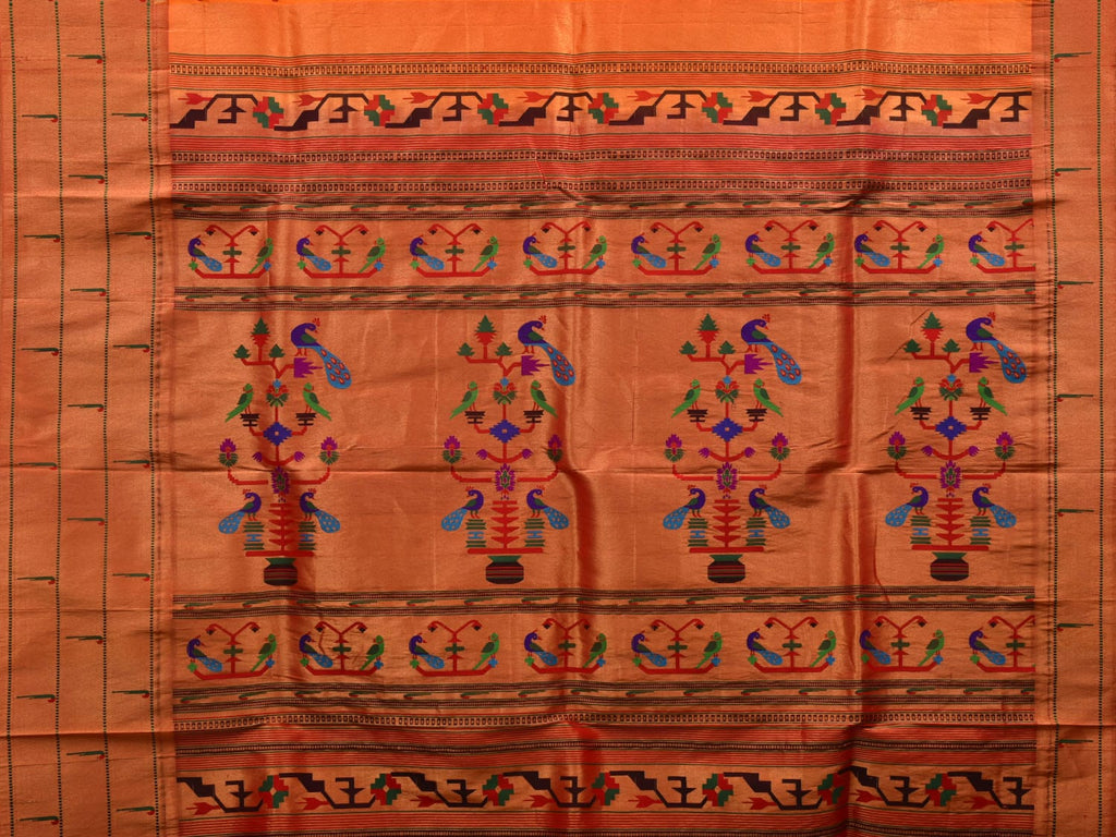 Orange Paithani Silk Handloom Saree with Triple Muniya Border Design - Global Threads | Grocsy