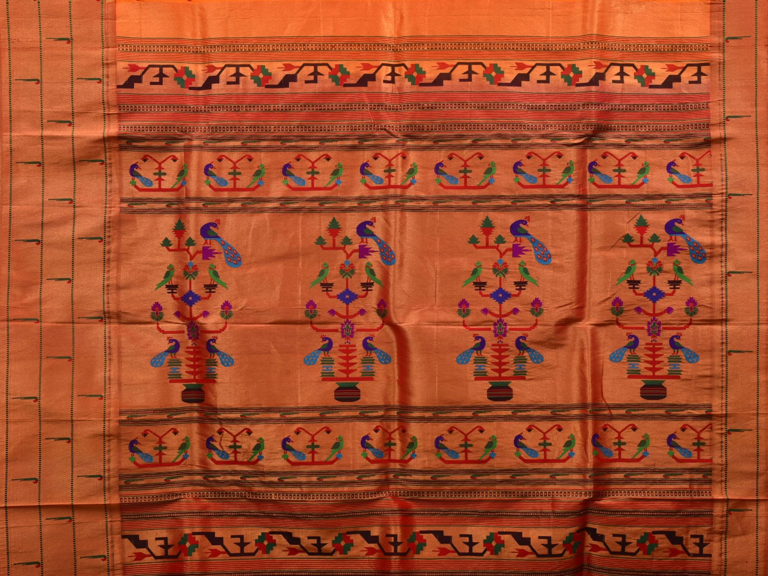 Orange Paithani Silk Handloom Saree with Triple Muniya Border Design - Global Threads | Grocsy