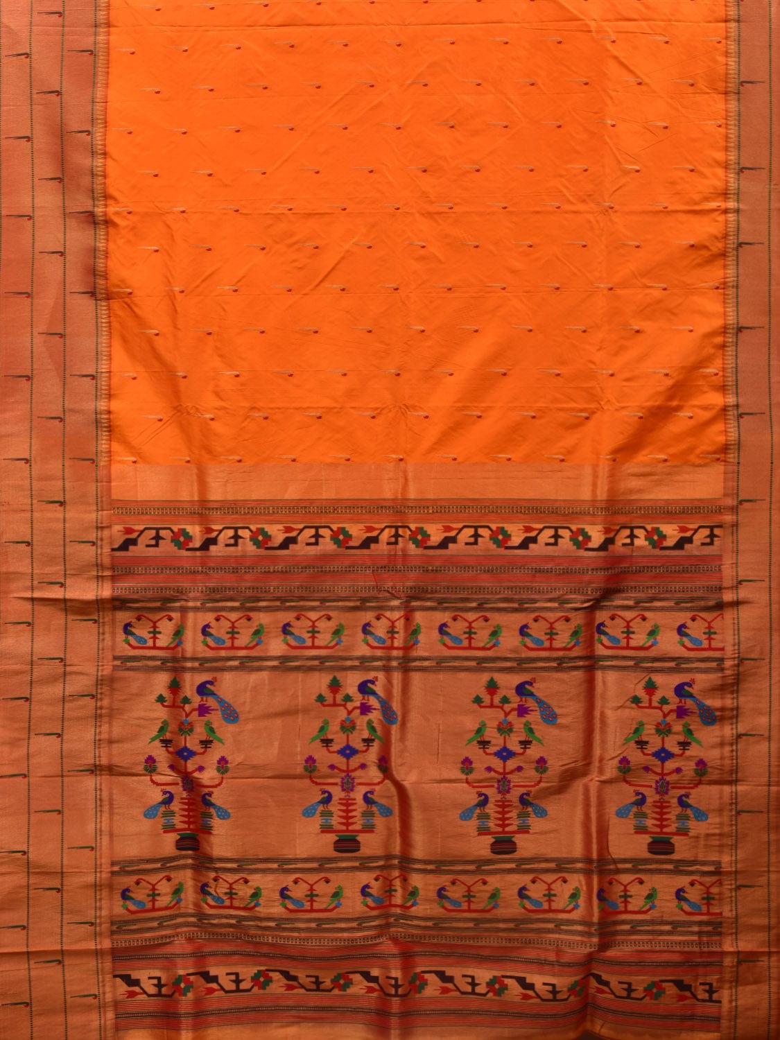Orange Paithani Silk Handloom Saree with Triple Muniya Border Design - Global Threads | Grocsy