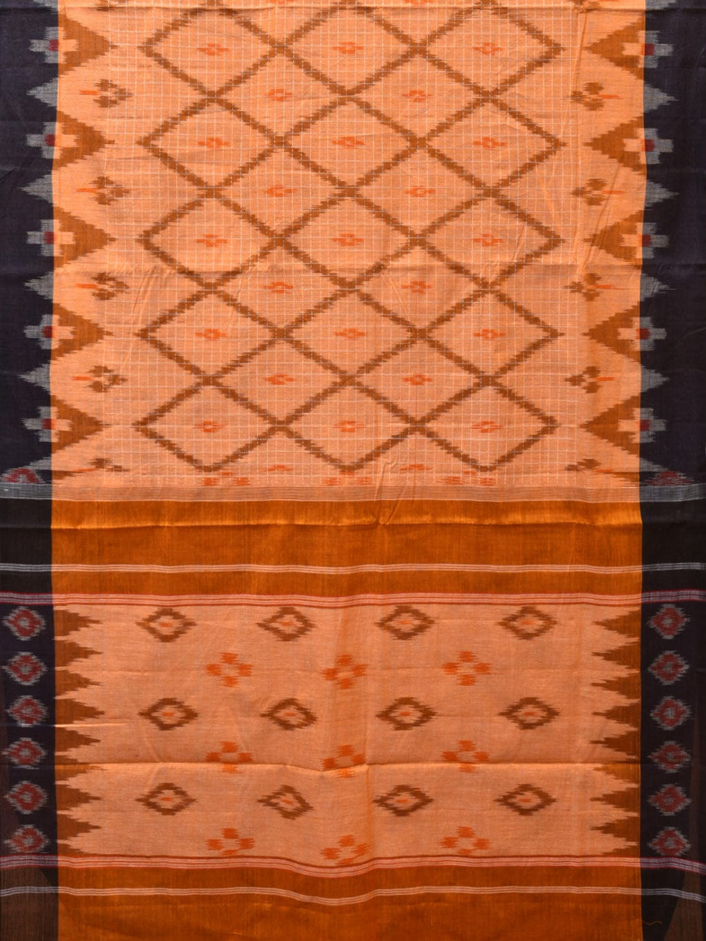 Orange Pochampally Ikat Cotton Handloom Saree with Grill and Big Temple Border Design No Blouse - Global Threads | Grocsy
