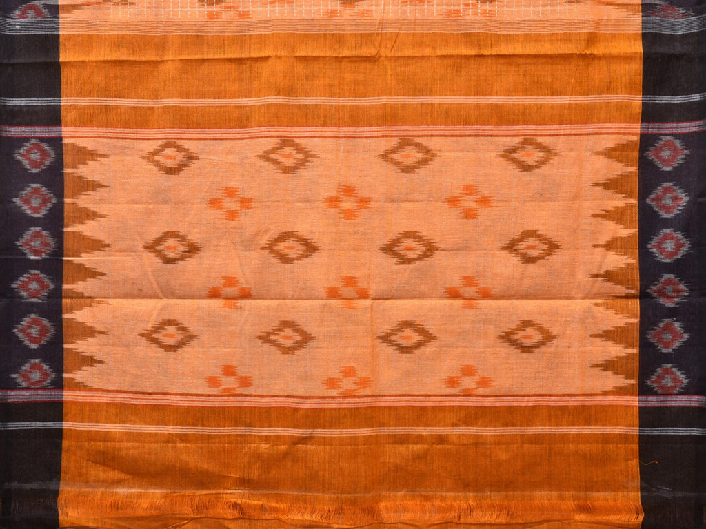 Orange Pochampally Ikat Cotton Handloom Saree with Grill and Big Temple Border Design No Blouse - Global Threads | Grocsy