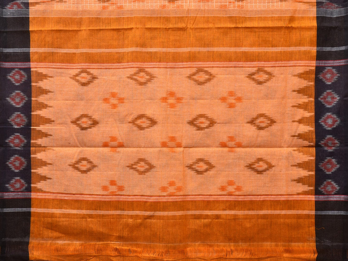 Orange Pochampally Ikat Cotton Handloom Saree with Grill and Big Temple Border Design No Blouse - Global Threads | Grocsy
