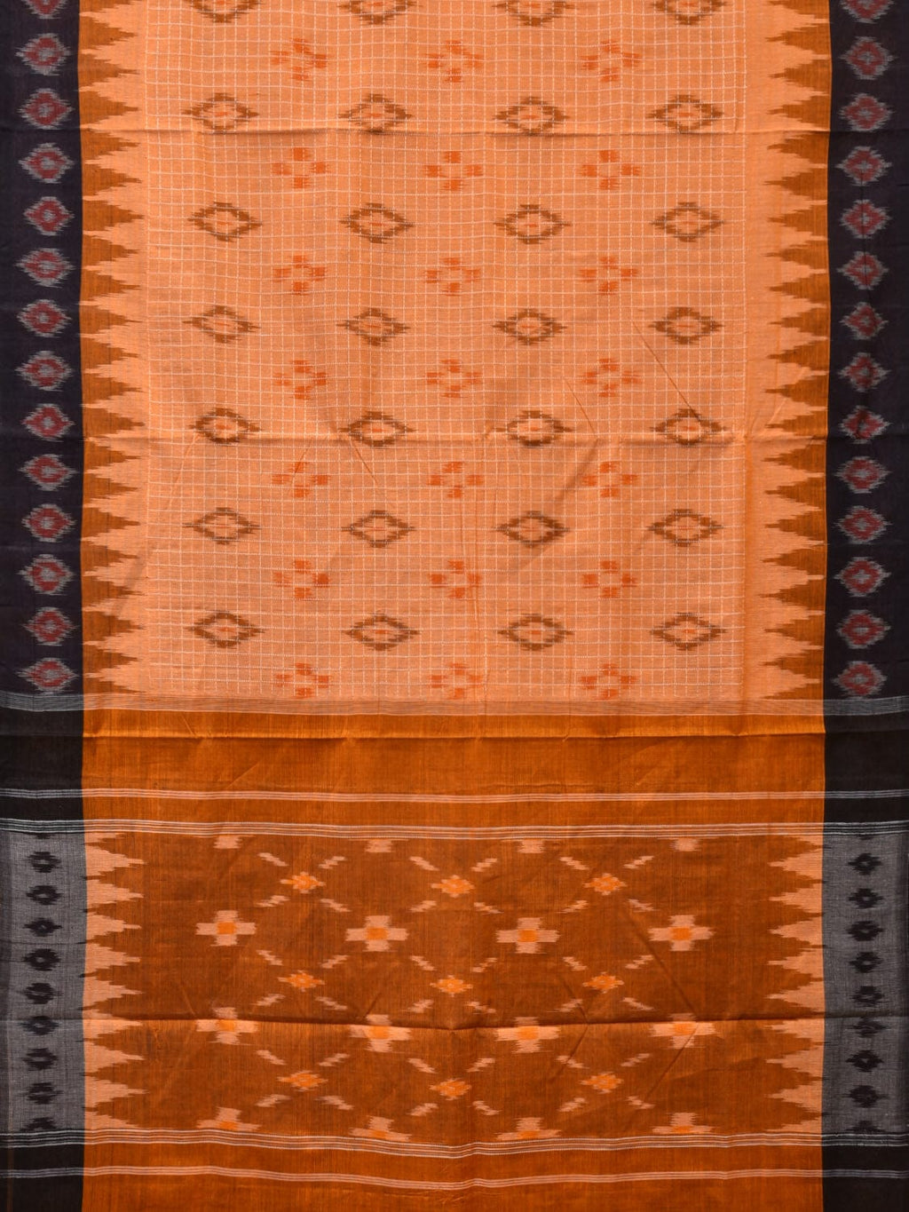 Orange Pochampally Ikat Handloom Saree with Checks and Border Design No Blouse - Global Threads | Grocsy