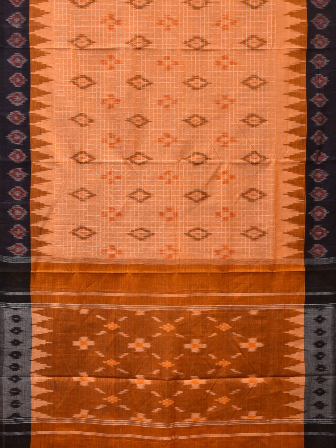 Orange Pochampally Ikat Handloom Saree with Checks and Border Design No Blouse - Global Threads | Grocsy
