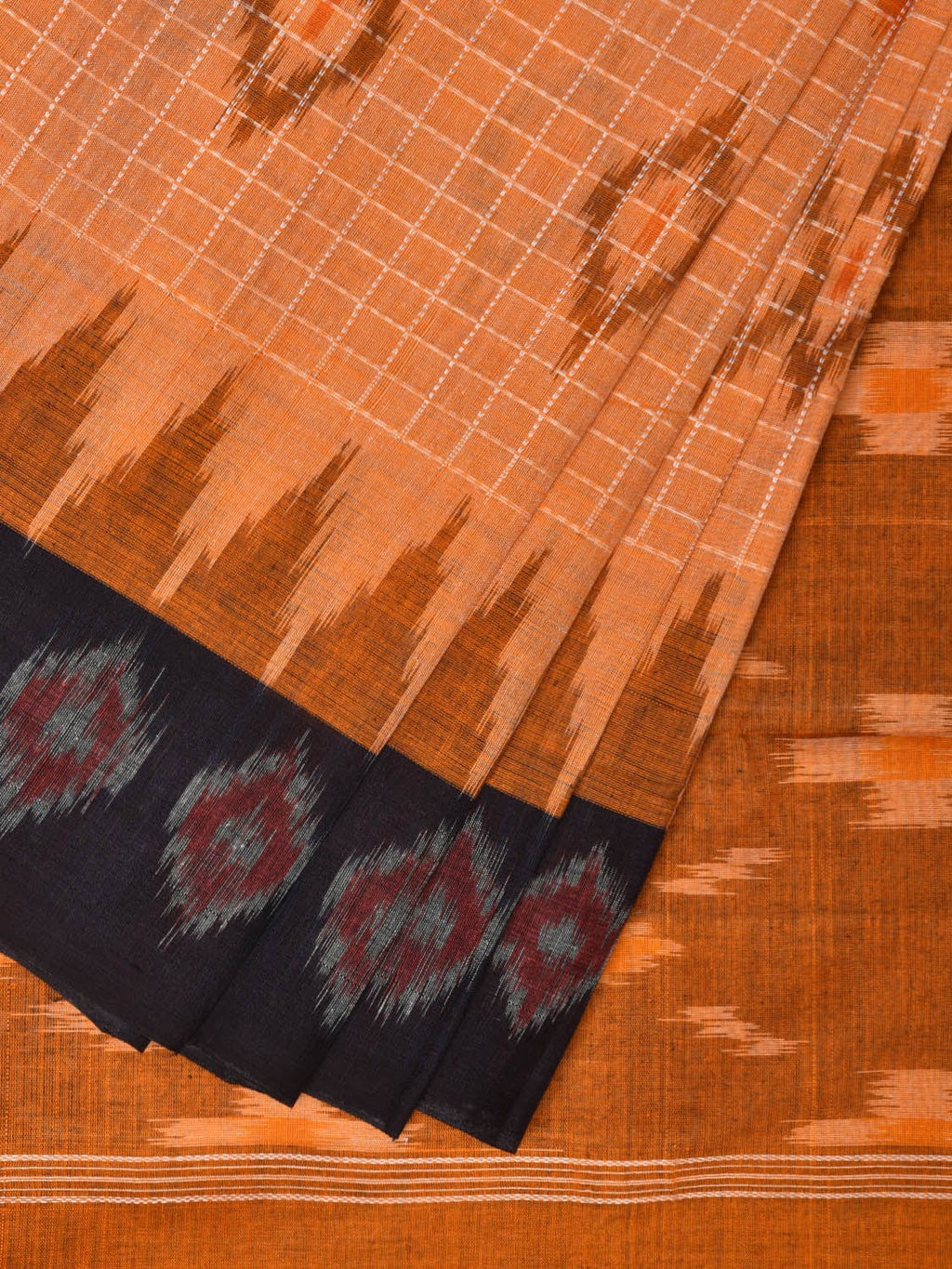 Orange Pochampally Ikat Handloom Saree with Checks and Border Design No Blouse - Global Threads | Grocsy