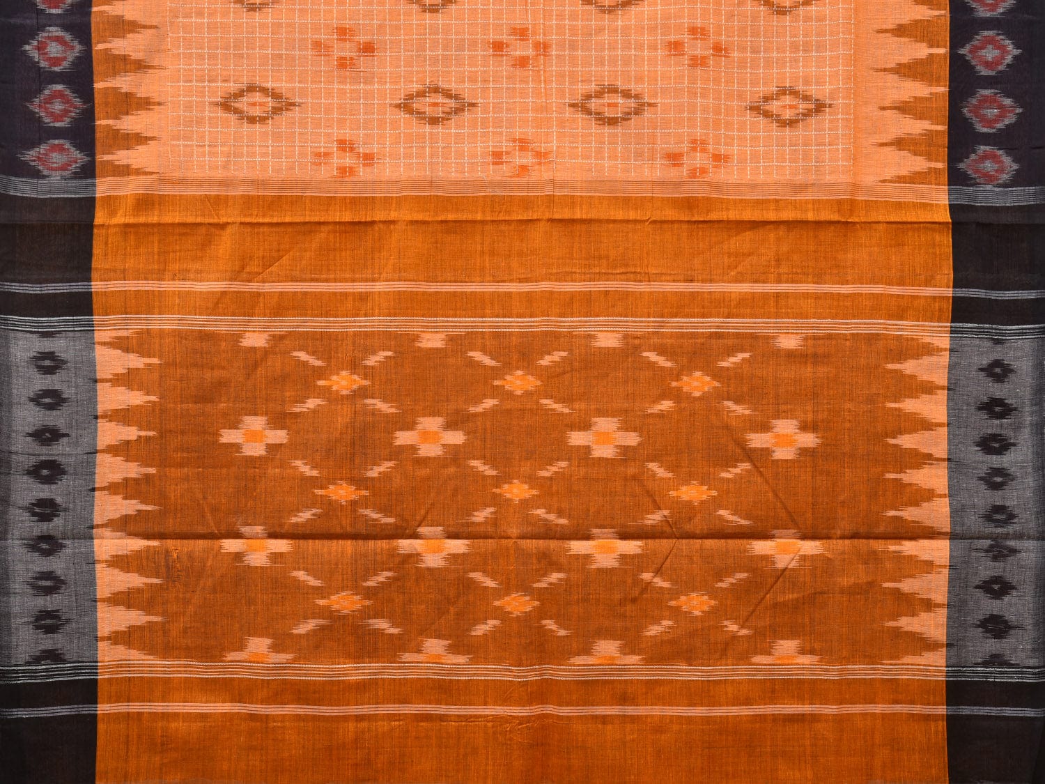 Orange Pochampally Ikat Handloom Saree with Checks and Border Design No Blouse - Global Threads | Grocsy