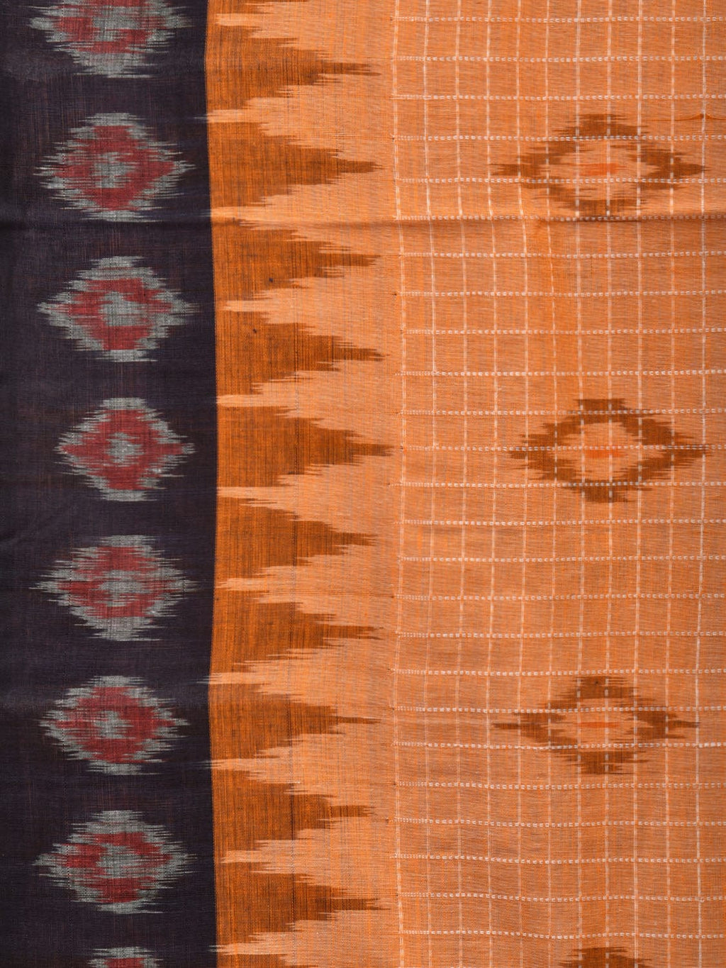 Orange Pochampally Ikat Handloom Saree with Checks and Border Design No Blouse - Global Threads | Grocsy