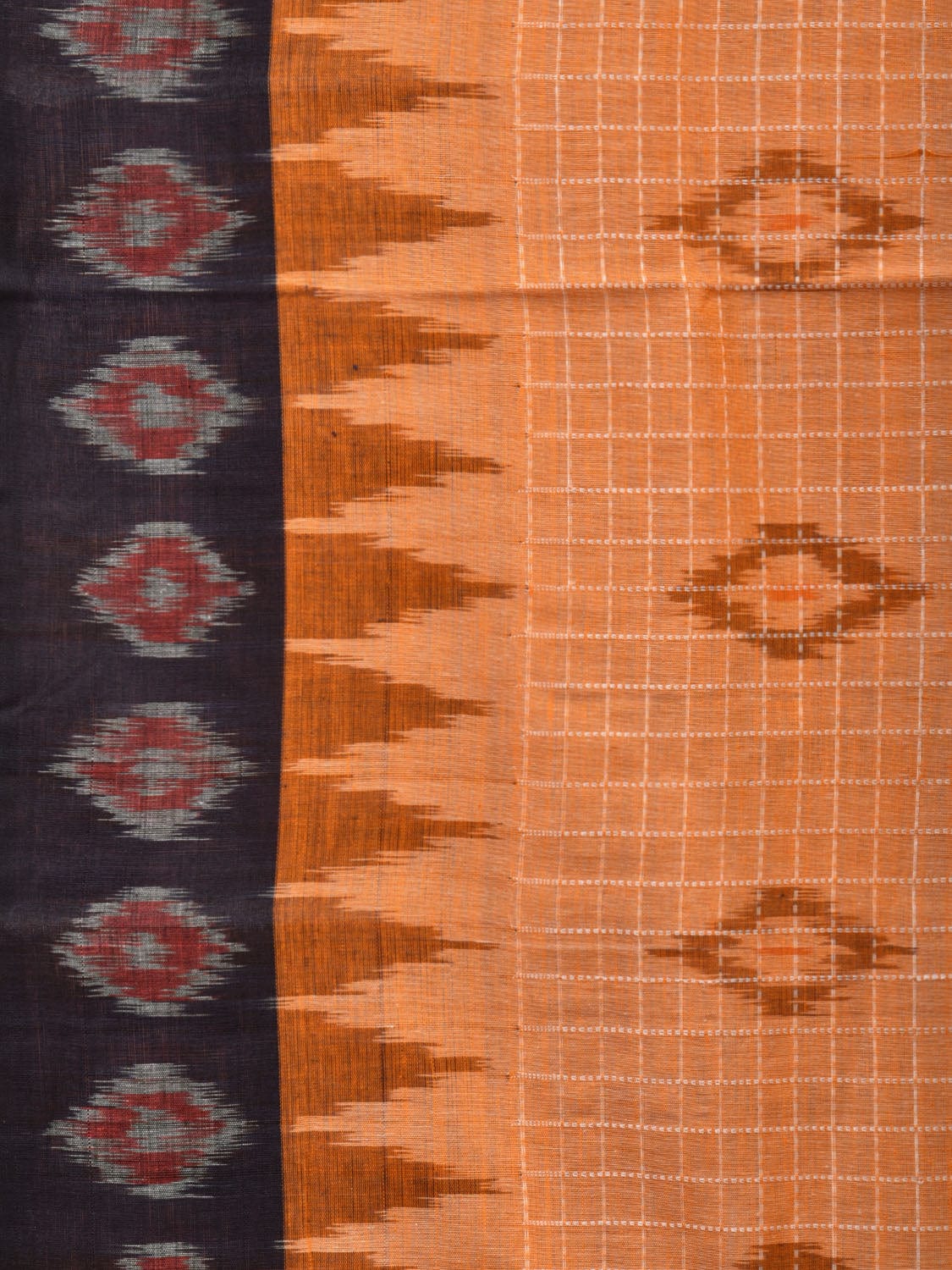 Orange Pochampally Ikat Handloom Saree with Checks and Border Design No Blouse - Global Threads | Grocsy