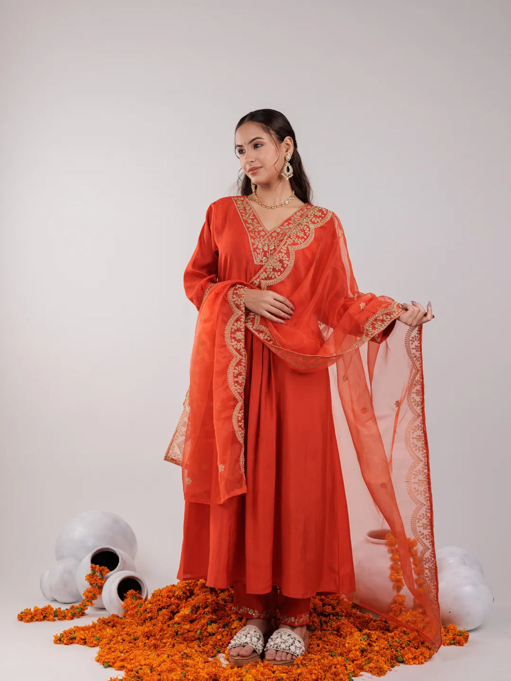Yufta Orange Silk Embroidered Kurta Dupatta Set | Grocsy