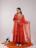 Yufta Orange Silk Embroidered Kurta Dupatta Set | Grocsy