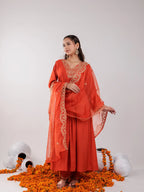 Yufta Orange Silk Embroidered Kurta Dupatta Set | Grocsy