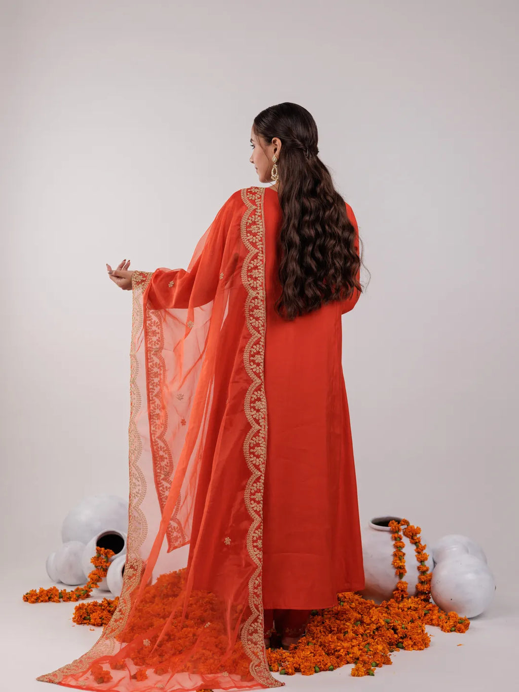 Yufta Orange Silk Embroidered Kurta Dupatta Set | Grocsy