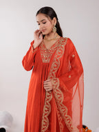 Yufta Orange Silk Embroidered Kurta Dupatta Set | Grocsy