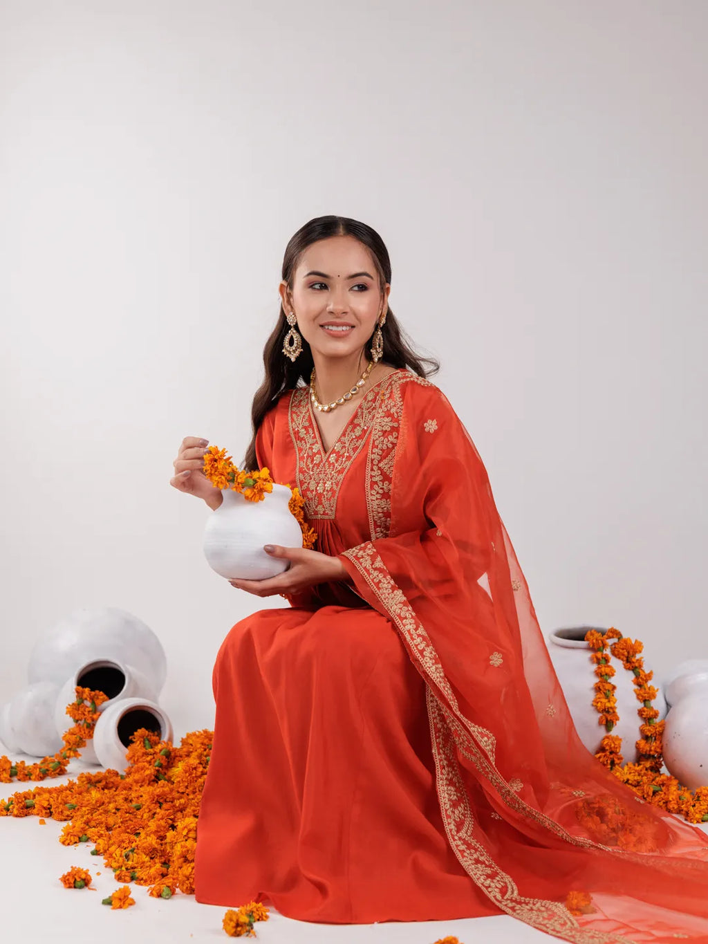 Yufta Orange Silk Embroidered Kurta Dupatta Set | Grocsy