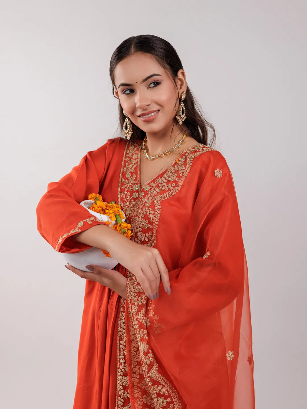 Yufta Orange Silk Embroidered Kurta Dupatta Set | Grocsy