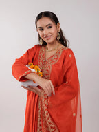 Yufta Orange Silk Embroidered Kurta Dupatta Set | Grocsy