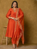 Yufta Orange Silk Embroidered Plus Size Kurta Dupatta Set | Grocsy