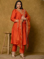 Yufta Orange Silk Embroidered Plus Size Kurta Dupatta Set | Grocsy