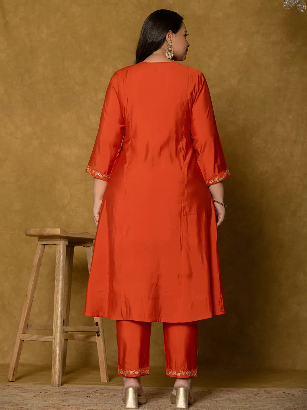 Yufta Orange Silk Embroidered Plus Size Kurta Dupatta Set | Grocsy