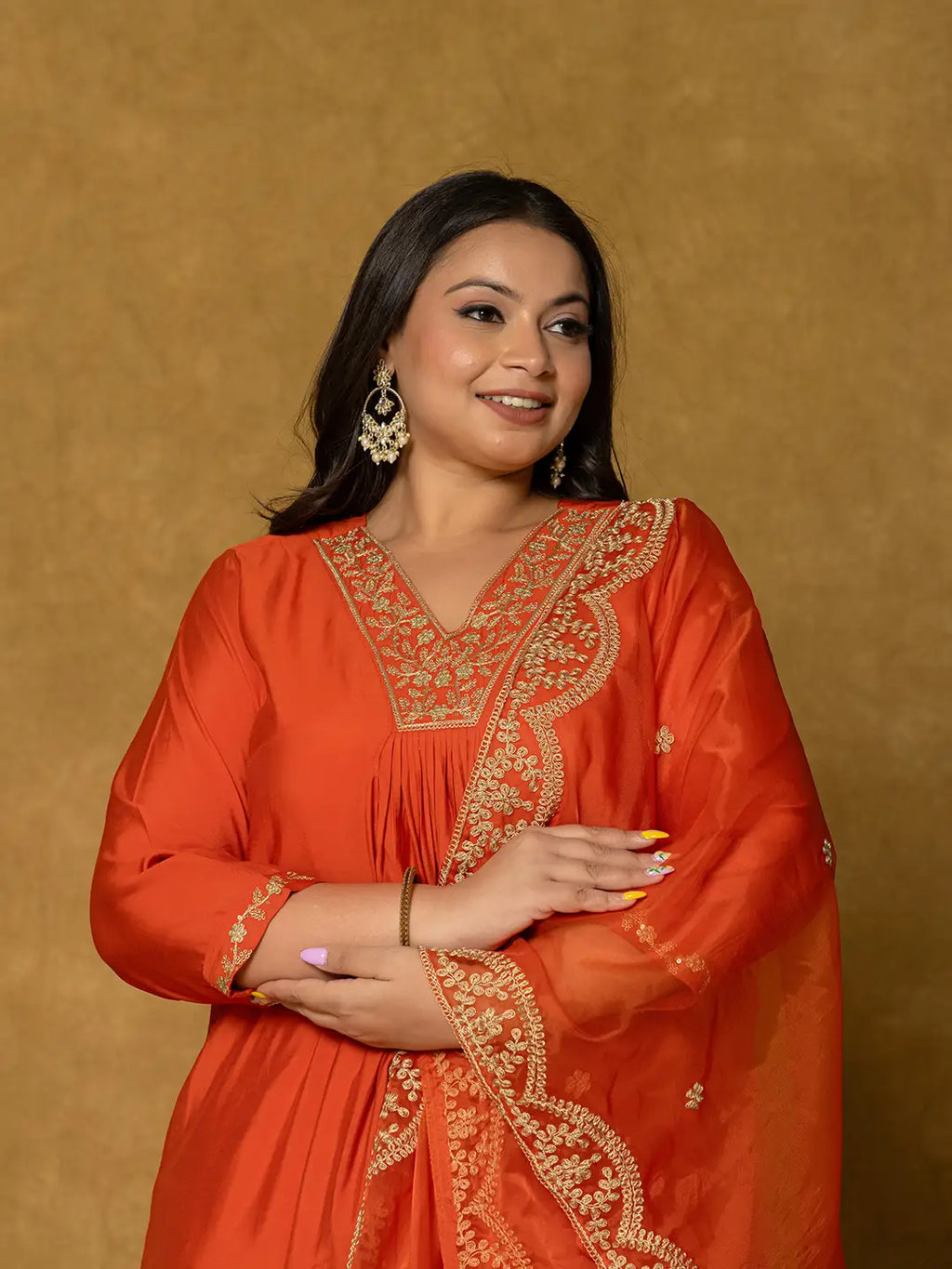 Yufta Orange Silk Embroidered Plus Size Kurta Dupatta Set | Grocsy