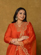 Yufta Orange Silk Embroidered Plus Size Kurta Dupatta Set | Grocsy
