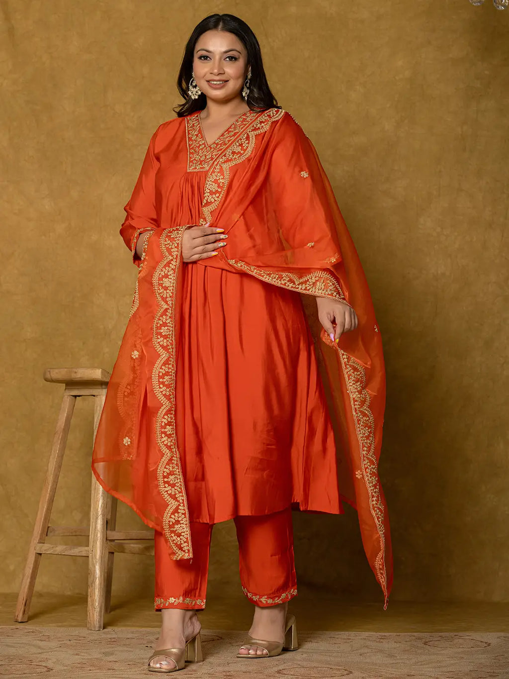 Yufta Orange Silk Embroidered Plus Size Kurta Dupatta Set | Grocsy