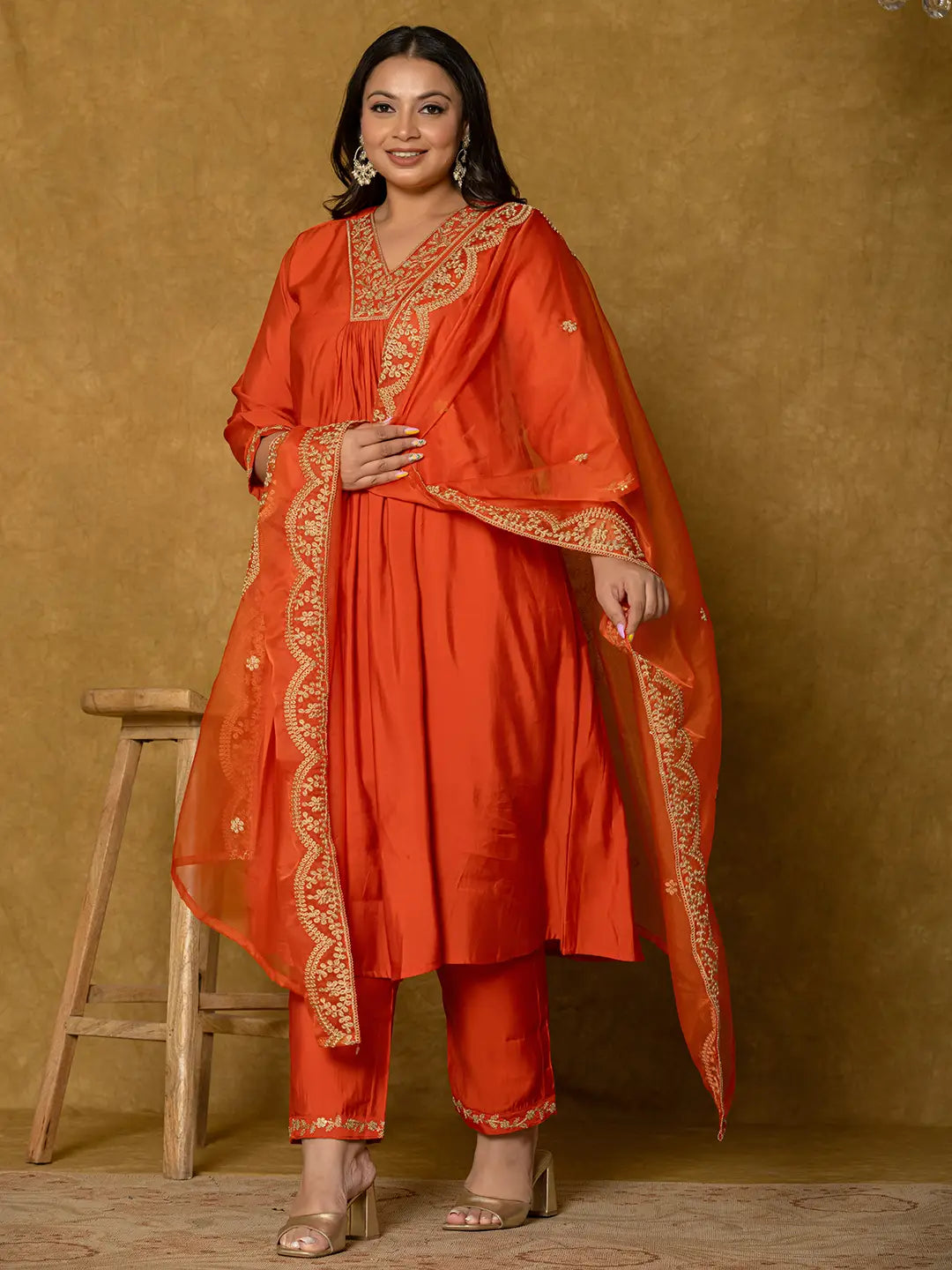 Yufta Orange Silk Embroidered Plus Size Kurta Dupatta Set | Grocsy