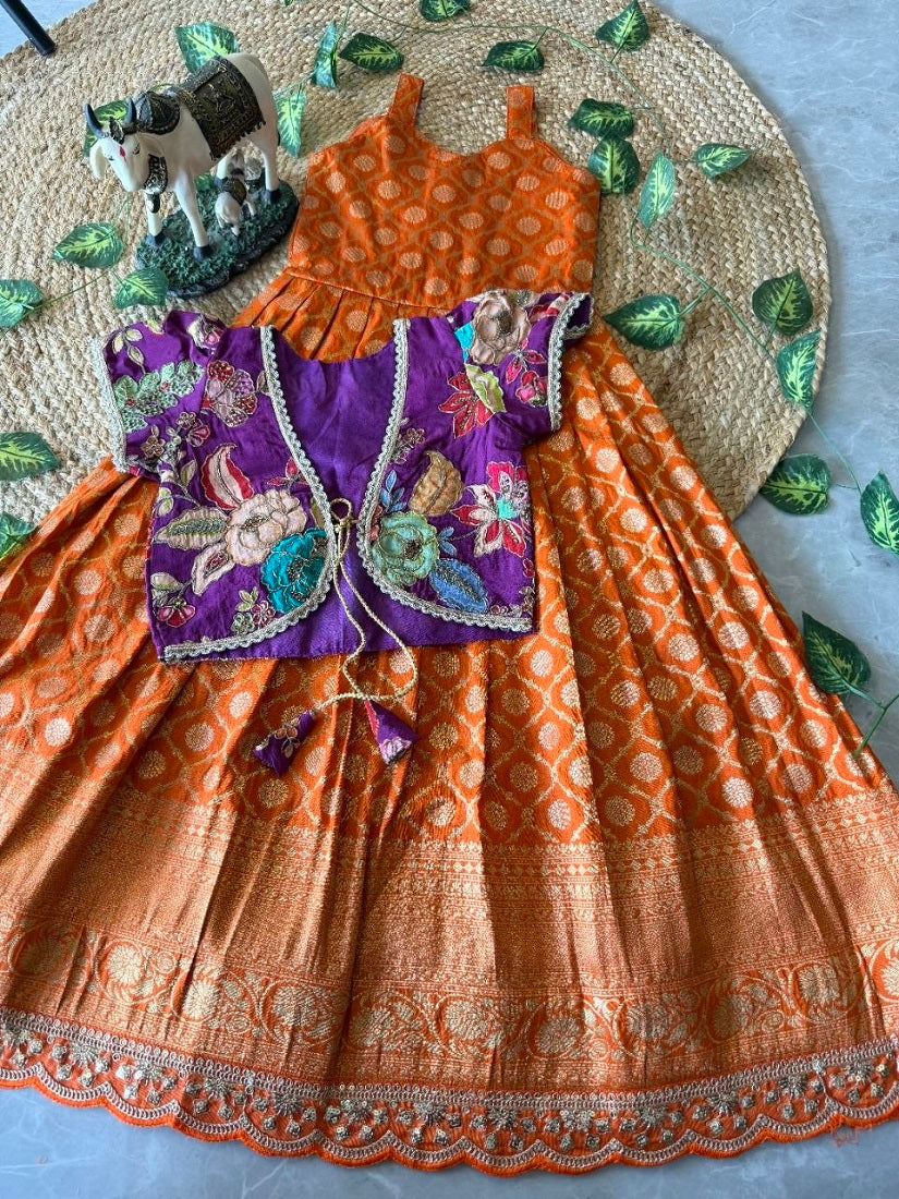 Evanik Festive Wear Orange Dola Silk zari and thread weaving Gown With Position Print Koti | Grocsy