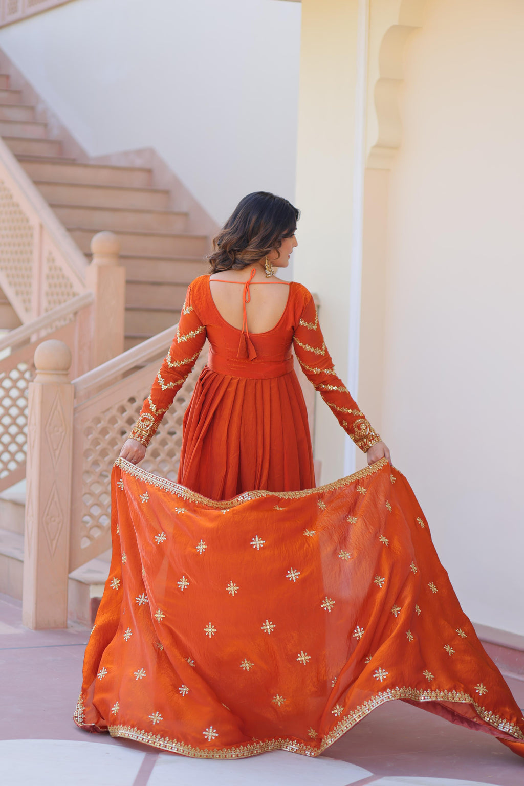 Evanik Orange Fendy Fabric With Zari & Sequins Embroidered work Gown Dupatta | Grocsy