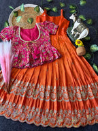 Evanik Designer Orange Tissue Silk Embroidered Work Gown With koti for Kids | Grocsy