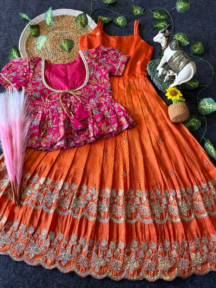 Evanik Designer Orange Tissue Silk Embroidered Work Gown With koti for Kids | Grocsy
