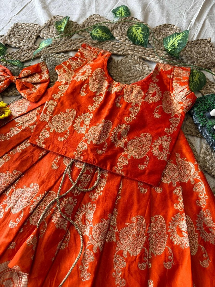 Evanik Orange Banarasi Silk Kids Lehenga Choli Set with Zari Jacquard Work for Girls | Grocsy