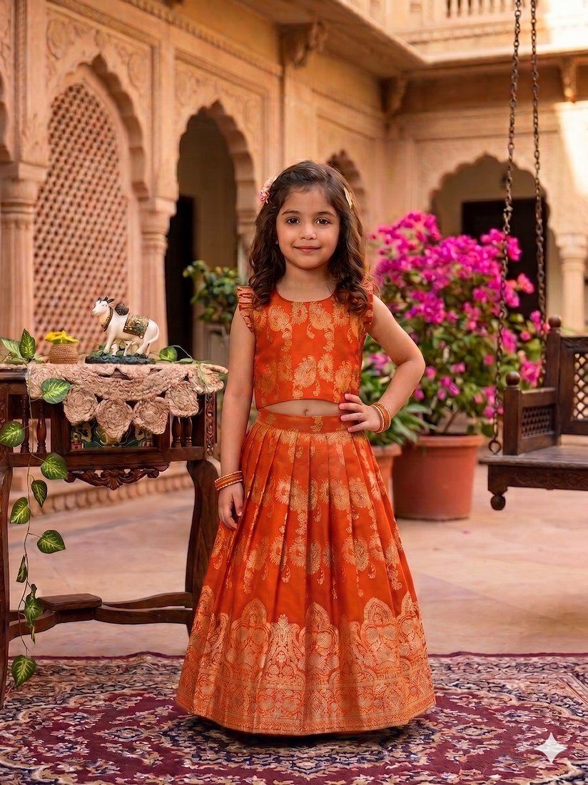 Evanik Orange Banarasi Silk Kids Lehenga Choli Set with Zari Jacquard Work for Girls | Grocsy