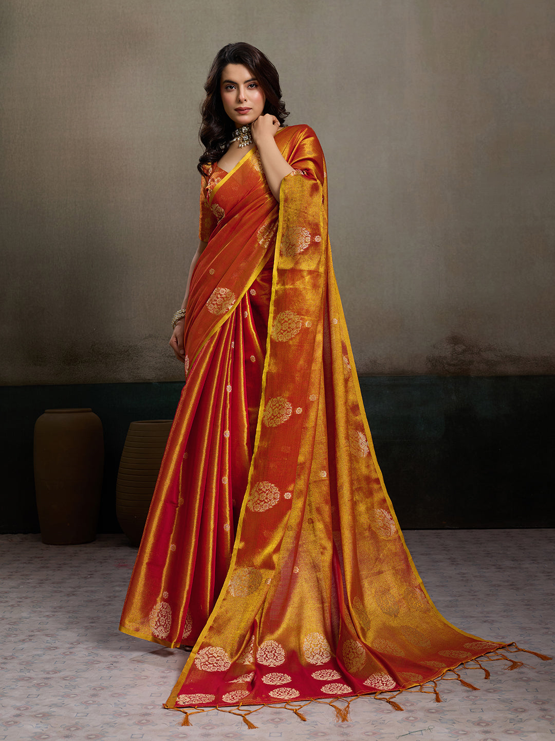 Anaita Orange Tissue Silk Woven Saree With Blouse | Grocsy