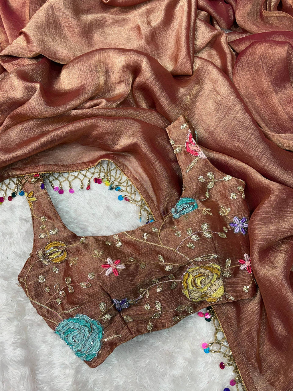 Evanik Soft Fandy Chiffon Beads Embroidered Work Party Wear Saree With Blouse | Grocsy