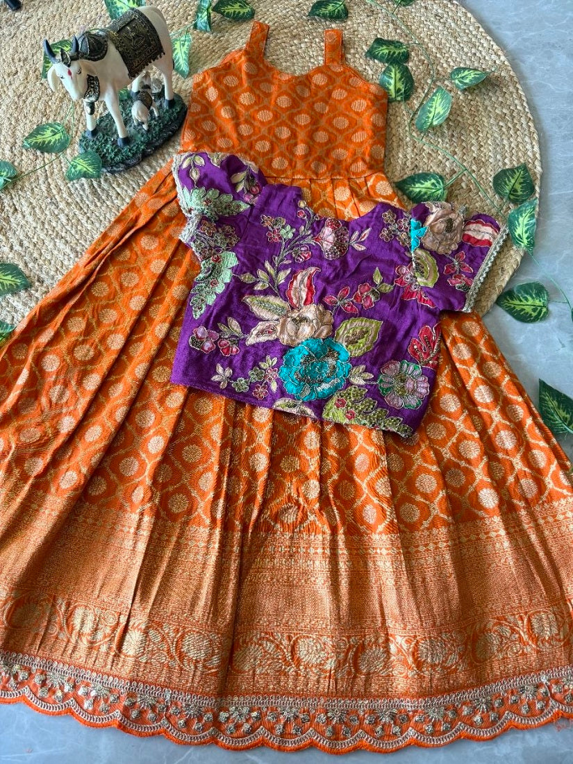 Evanik Festive Wear Orange Dola Silk zari and thread weaving Gown With Position Print Koti | Grocsy