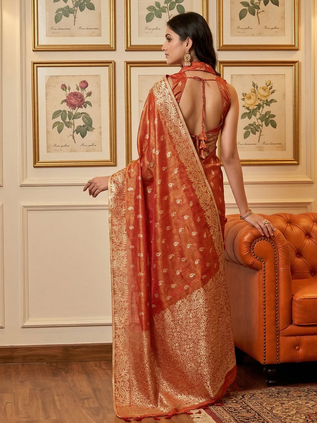 Anaita Orange Woven Tissue Silk Saree With Blouse | Grocsy