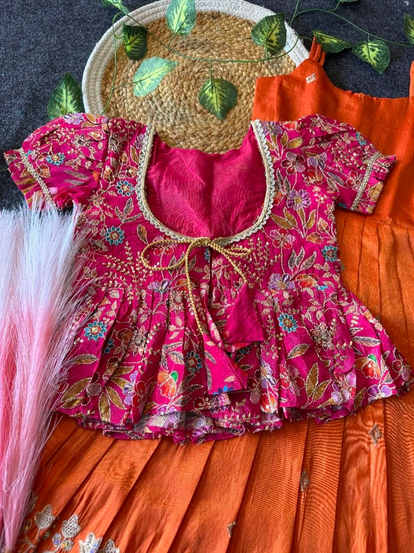 Evanik Designer Orange Tissue Silk Embroidered Work Gown With koti for Kids | Grocsy
