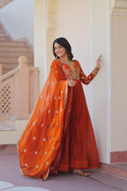 Evanik Orange Fendy Fabric With Zari & Sequins Embroidered work Gown Dupatta | Grocsy