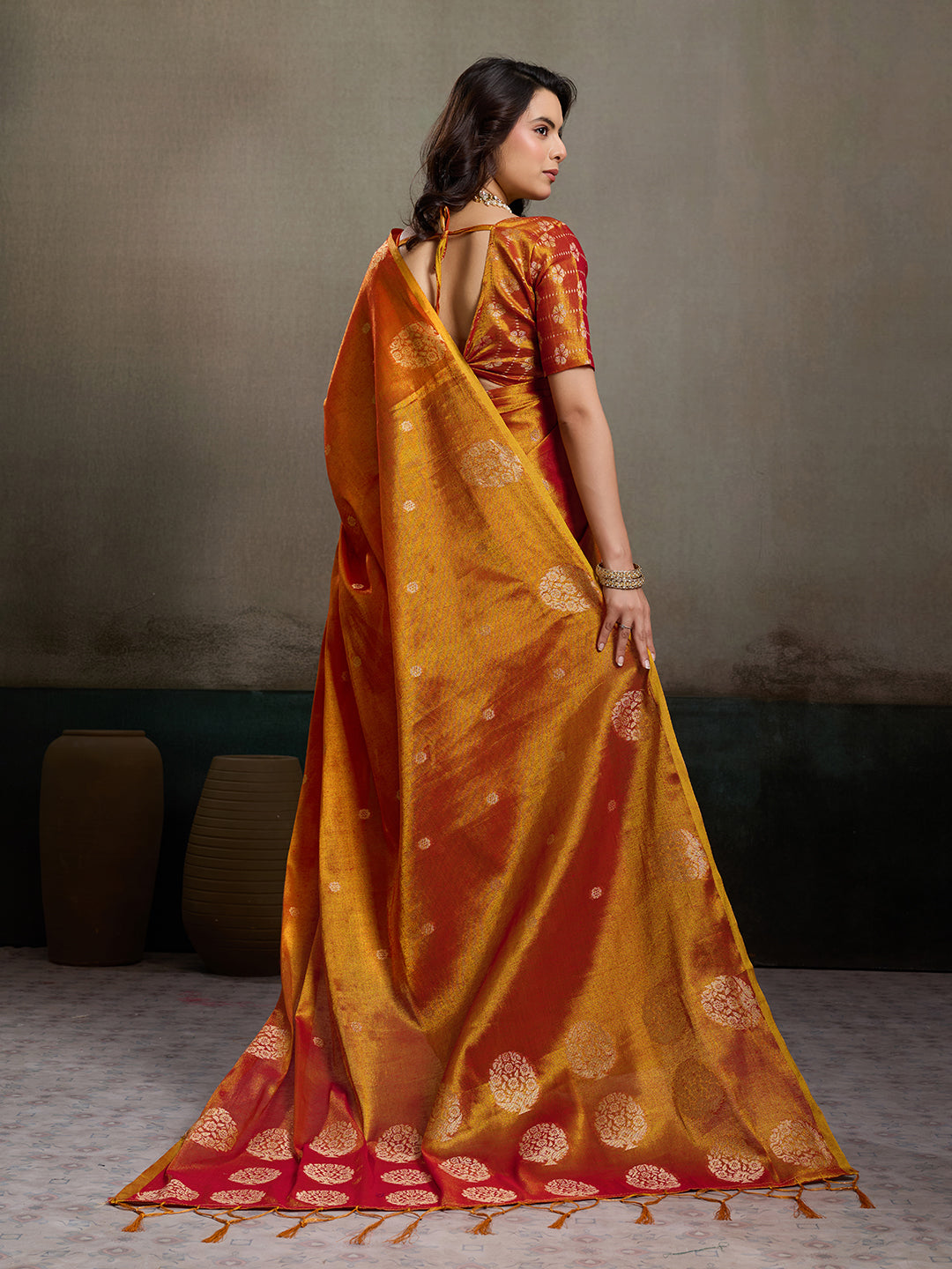 Anaita Orange Tissue Silk Woven Saree With Blouse | Grocsy