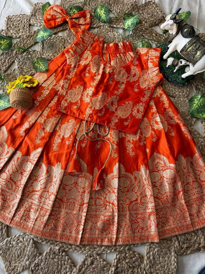 Evanik Orange Banarasi Silk Kids Lehenga Choli Set with Zari Jacquard Work for Girls | Grocsy