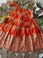 Evanik Orange Banarasi Silk Kids Lehenga Choli Set with Zari Jacquard Work for Girls | Grocsy