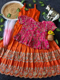 Evanik Designer Orange Tissue Silk Embroidered Work Gown With koti for Kids | Grocsy