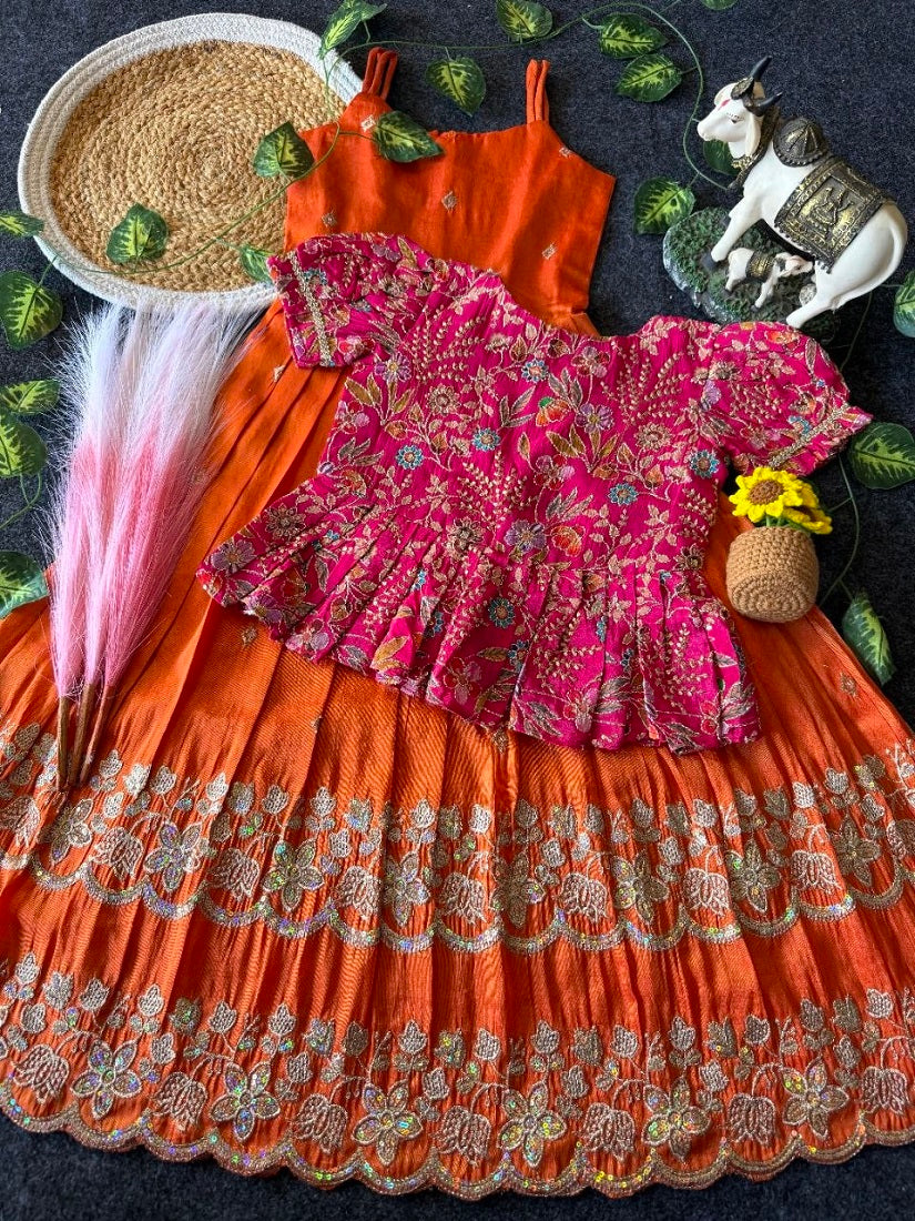 Evanik Designer Orange Tissue Silk Embroidered Work Gown With koti for Kids | Grocsy