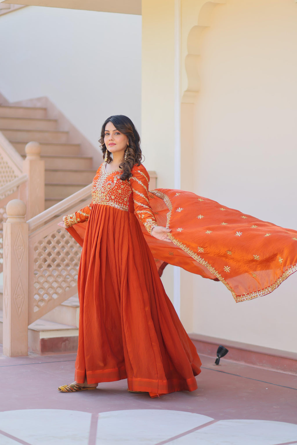 Evanik Orange Fendy Fabric With Zari & Sequins Embroidered work Gown Dupatta | Grocsy