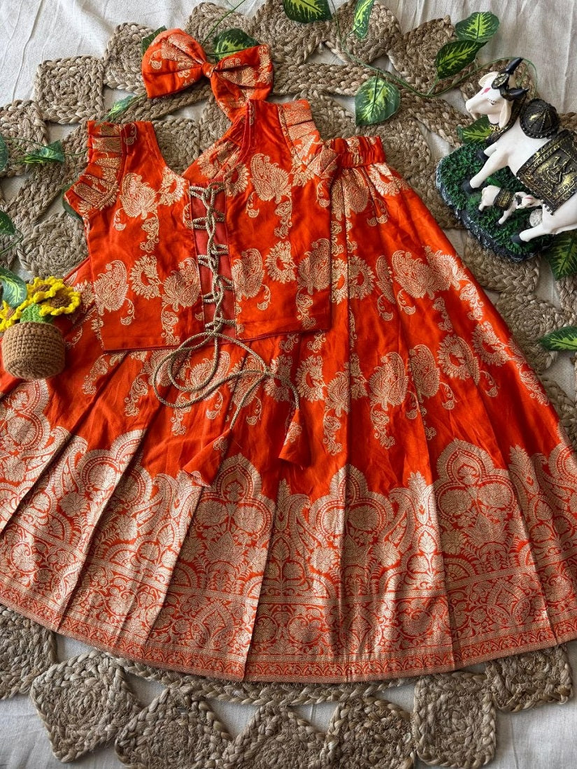 Evanik Orange Banarasi Silk Kids Lehenga Choli Set with Zari Jacquard Work for Girls | Grocsy